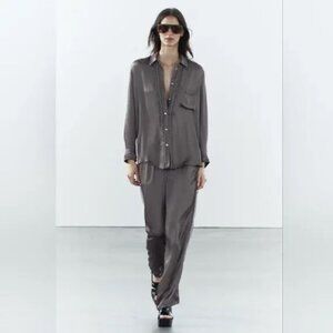 ZARA SET ZW COLLECTION EMBROIDERED SATIN TROUSERS AND BLOUSE TOP